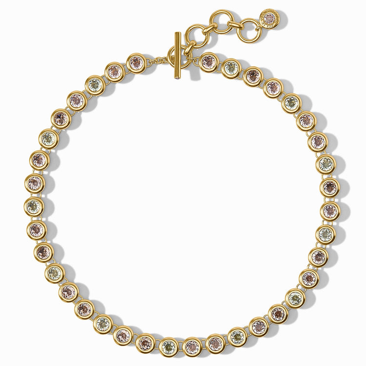 Gold-plated Rainbow Tennis Necklace with bezel-set pastel glass stones and a toggle closure.