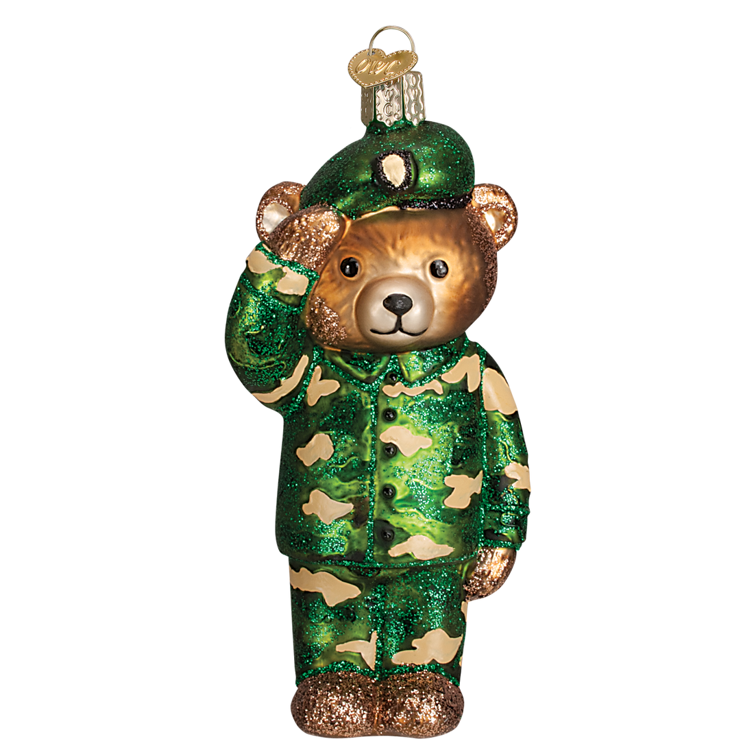 Glass Army Bear Christmas ornament in a green camouflage uniform saluting.