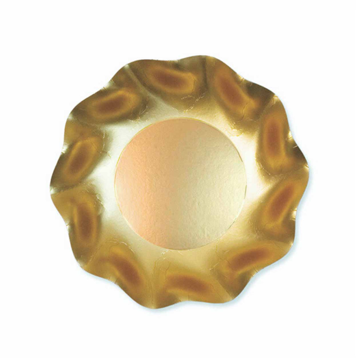 Single satin gold paper bowl with a wavy rim, viewed from above on a white background.