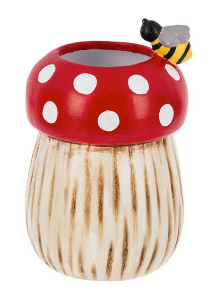 Red and white polka dot mushroom planter with a small bee figure on the rim.