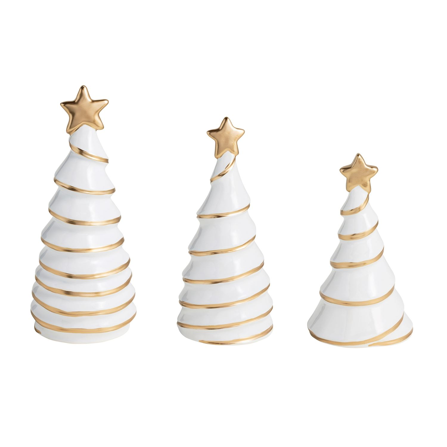 Set of three white stoneware Christmas tree sitters with hand-painted gold spiral trim and stars.