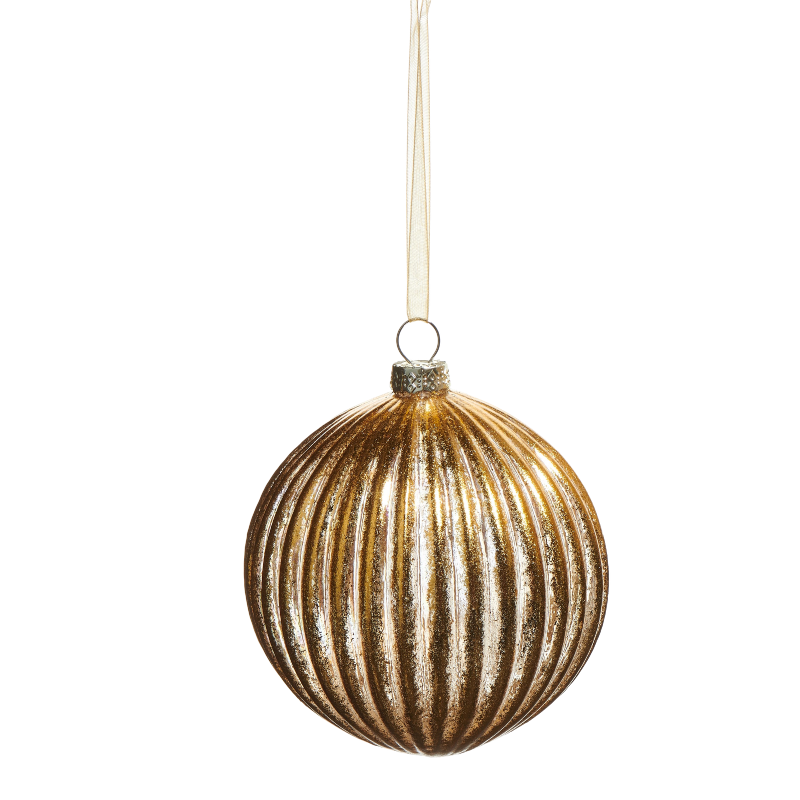 4-inch gold ribbed glass ornament hanging from a thin ribbon.