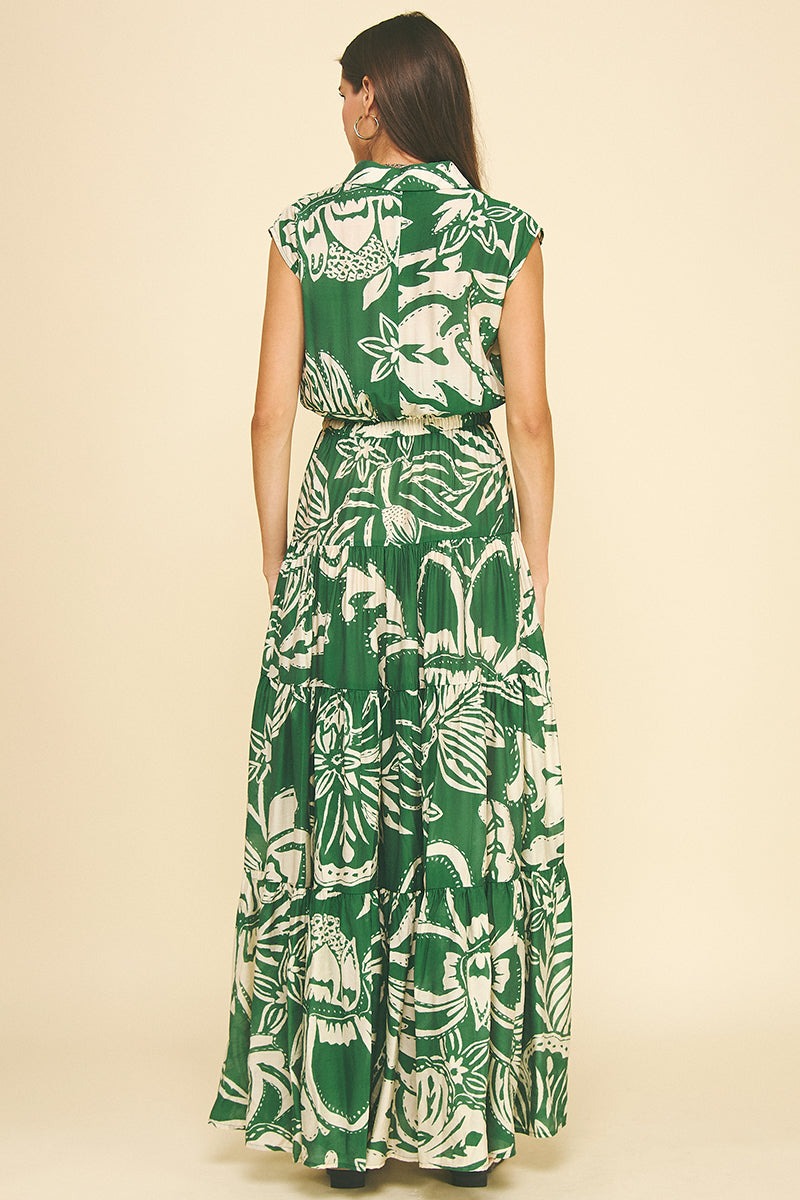 Megan floral tiered maxi dress in rayon with cap sleeves, V-neck, self-tie waist, and small model.