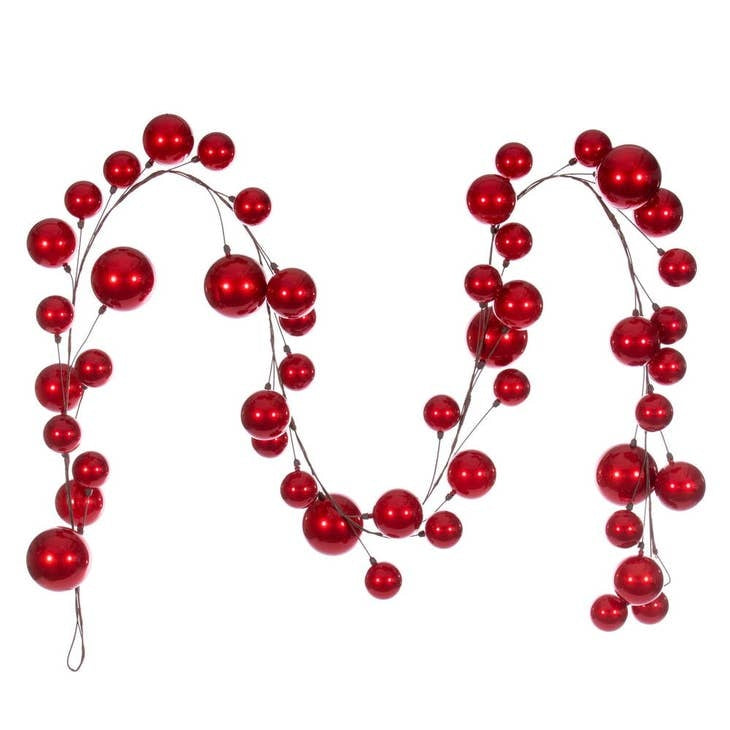 10-foot red candy branch ball garland with a pearl finish and hanging hook for indoor decoration.