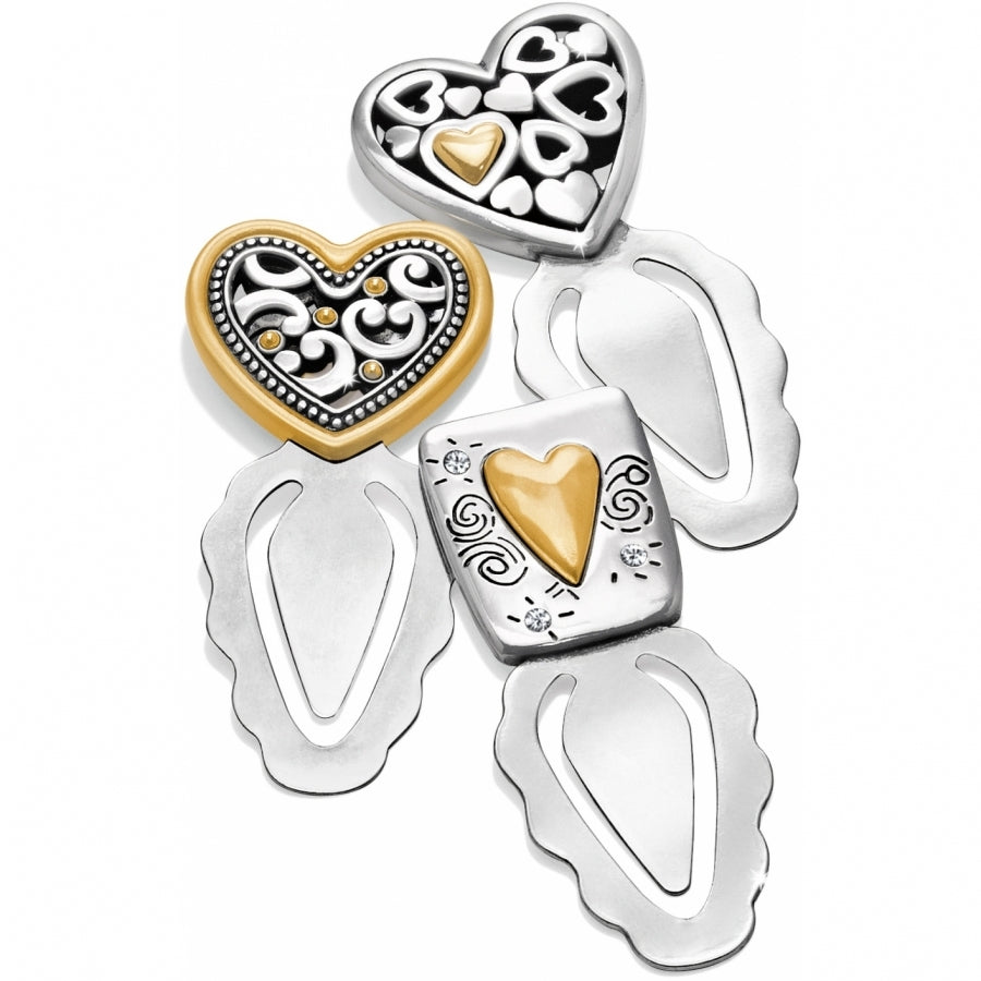 Set of three silver and gold bookmarks featuring heart designs in square and heart shapes.