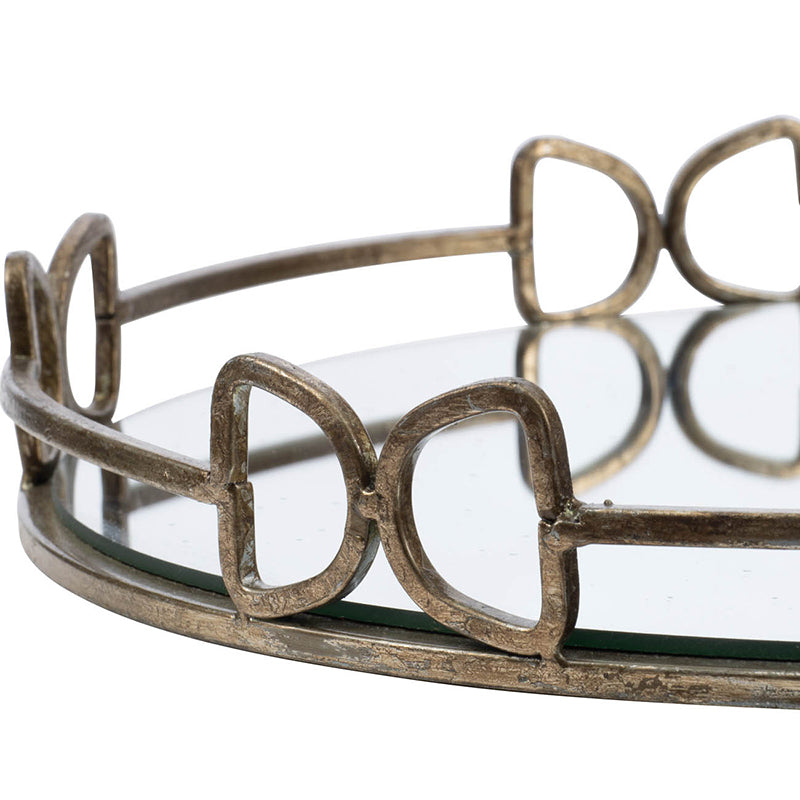 Round mirrored tray with a silver reflective surface and dark rim.