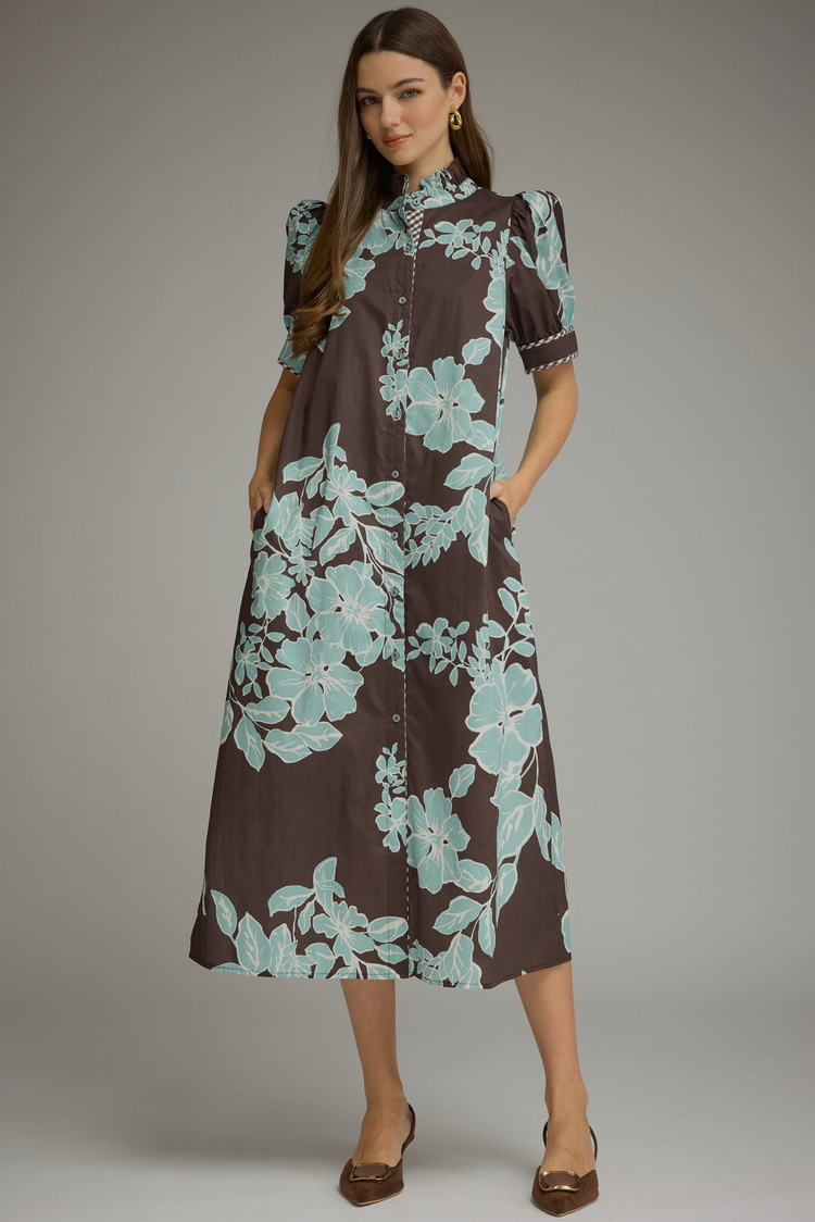 Stacey D32069 Floral Midi Dress in brown with light blue flowers, puff sleeves, and button front.