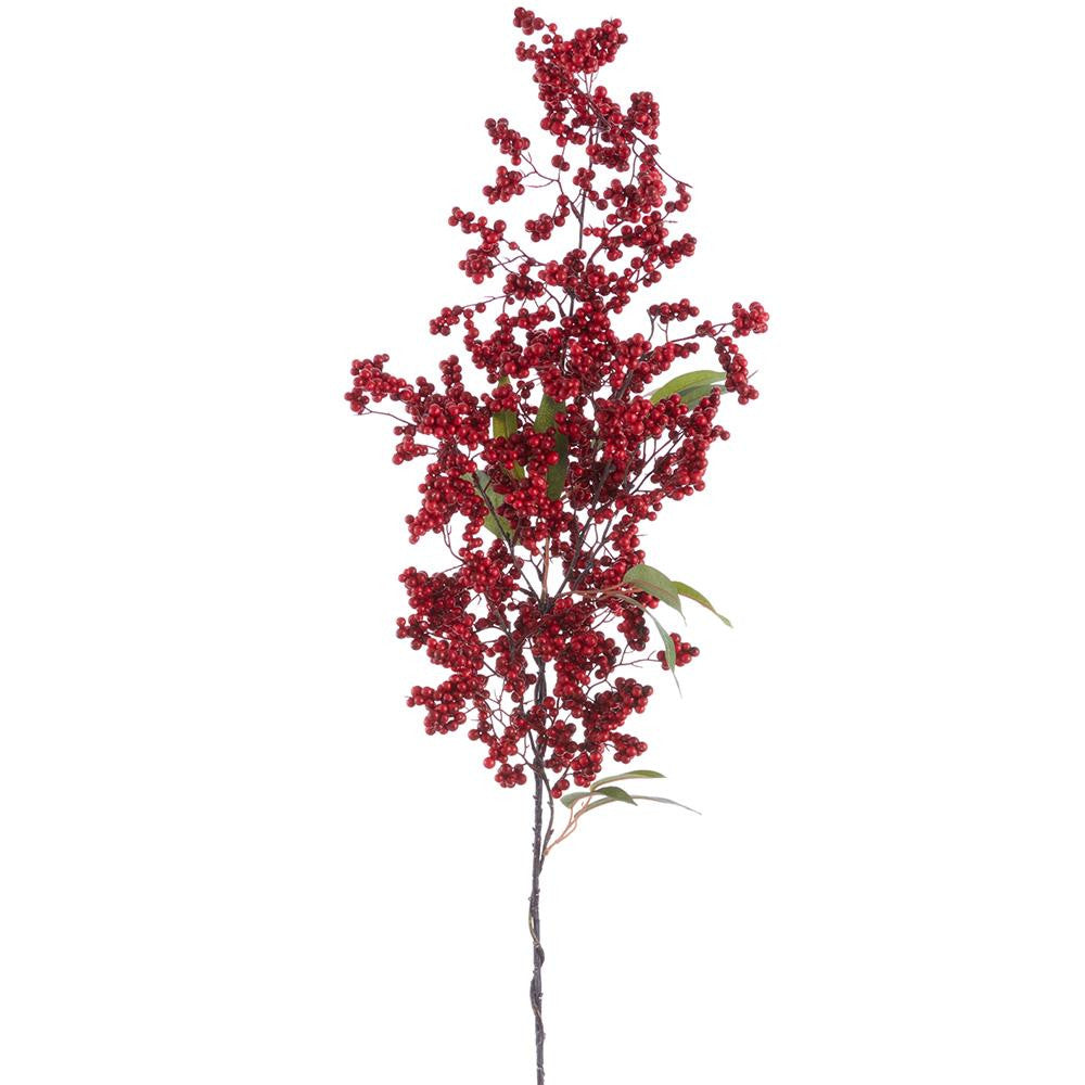 41-inch red berry hanging spray with green leaves on a brown wire stem.