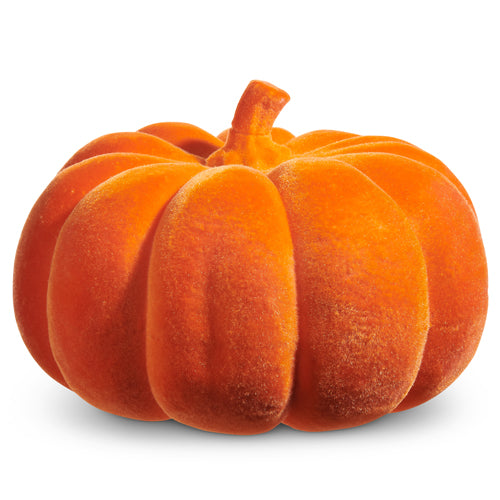 Flocked foam pumpkin decoration measuring 6.5 inches tall with a textured surface.