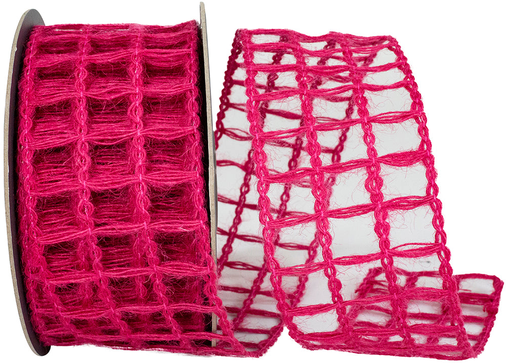 Grand Net Jute Fuchsia Wired Edge Ribbon with a wide open-weave grid pattern on a spool.