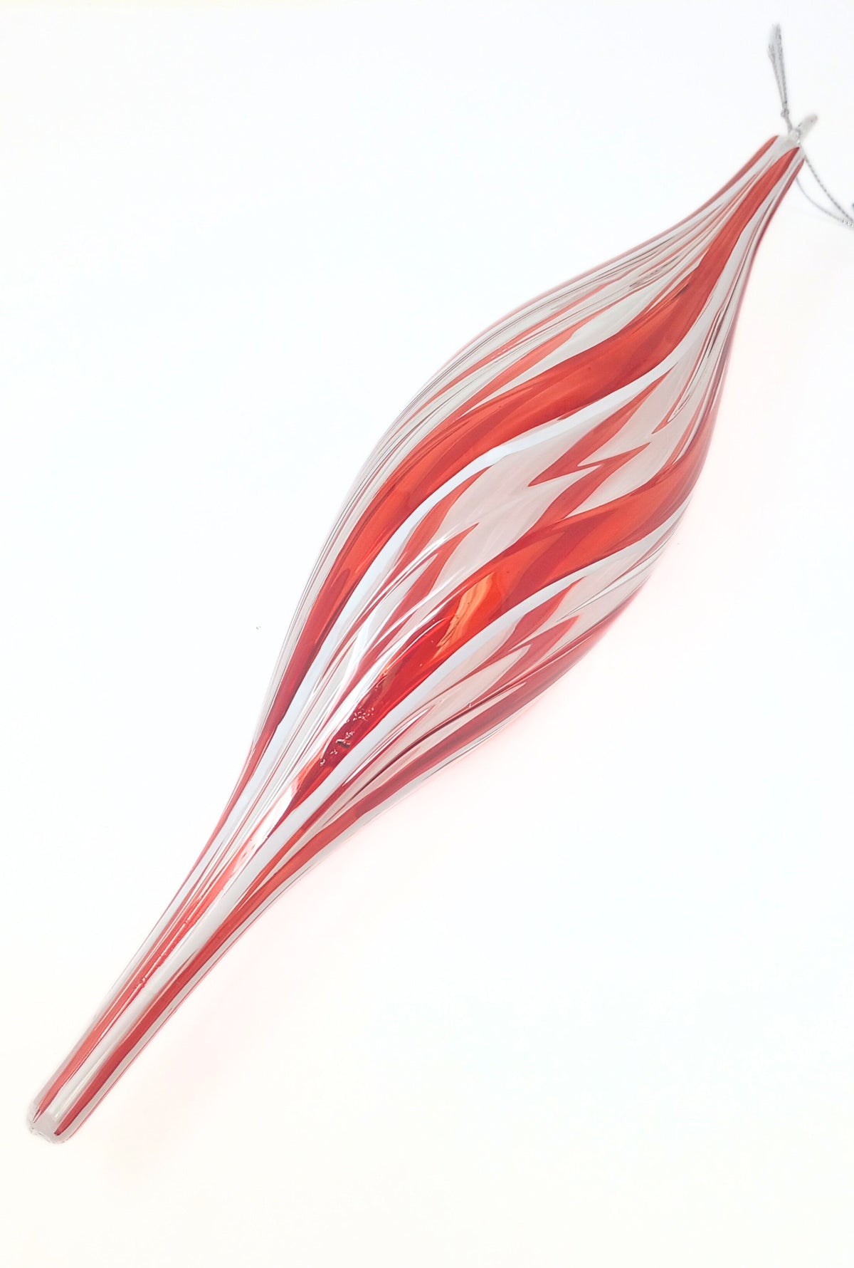 Red and white striped wooden finial ornament with a classic cone shape.