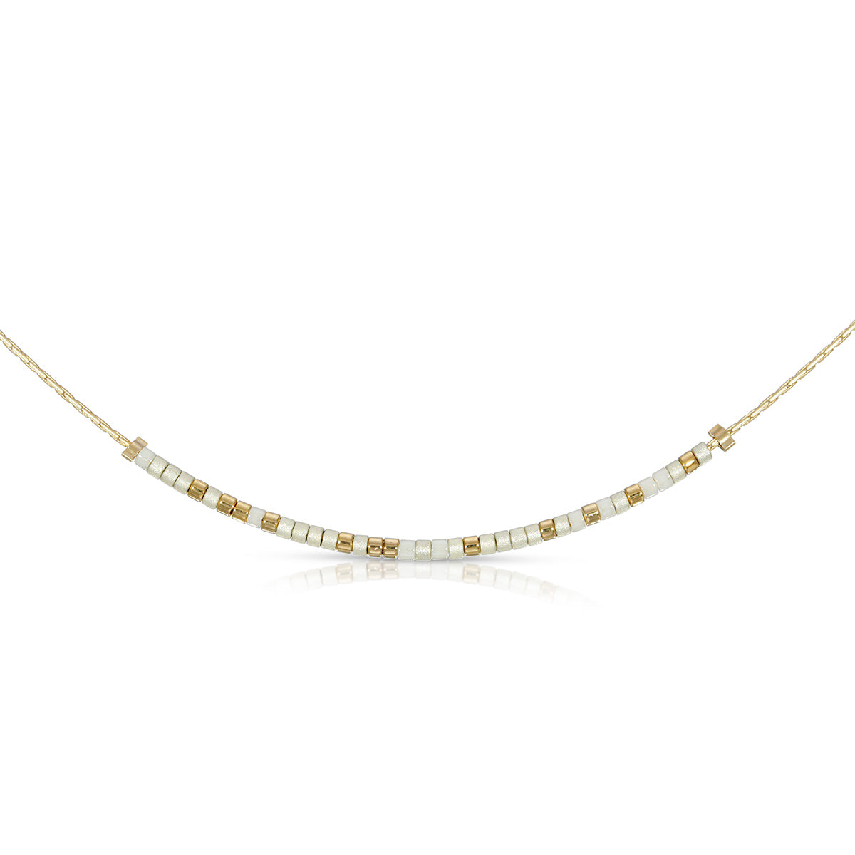 Be the Change Necklace featuring white and gold beads on a delicate gold chain.