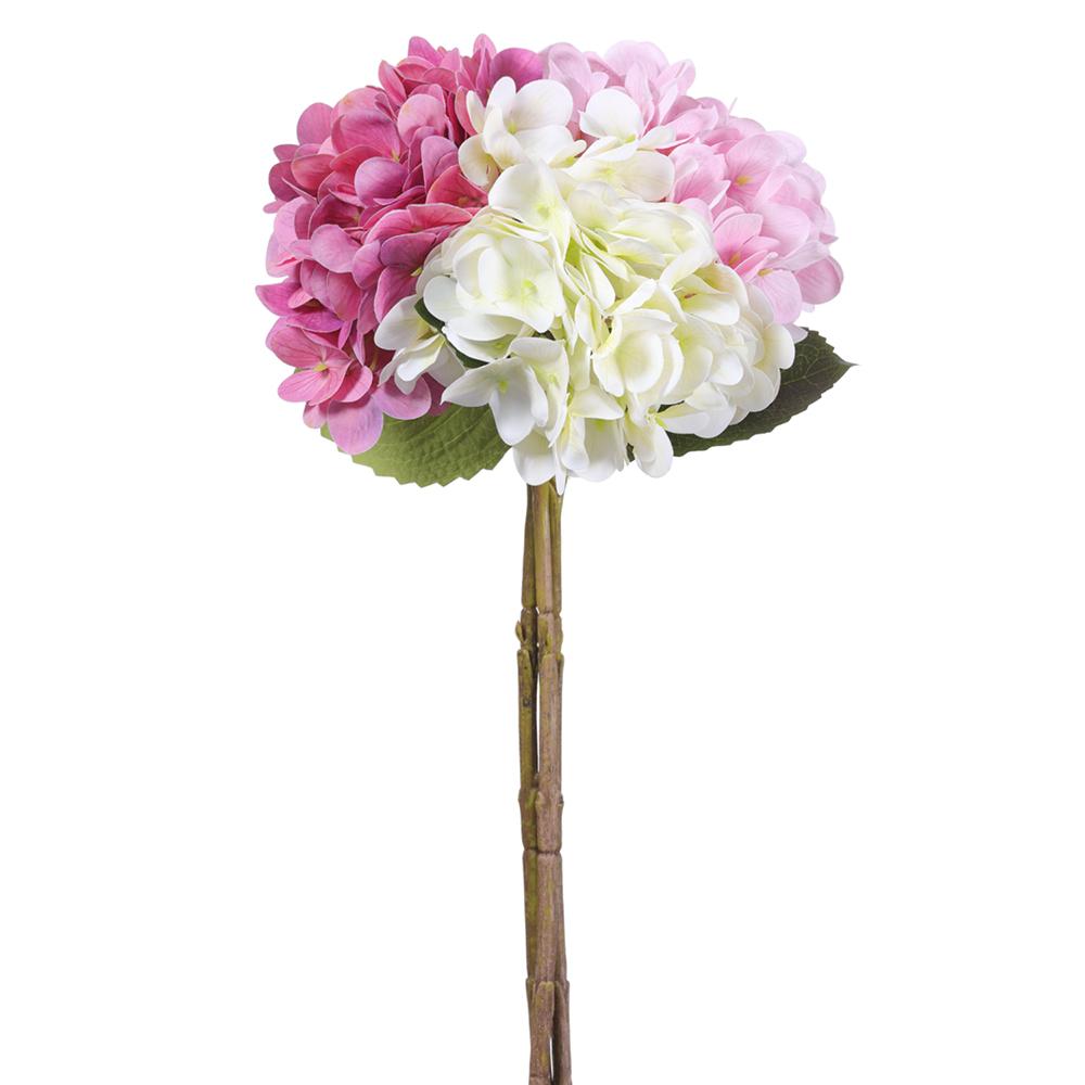 Three-stem real touch hydrangea bundle with green foliage in a natural arrangement.