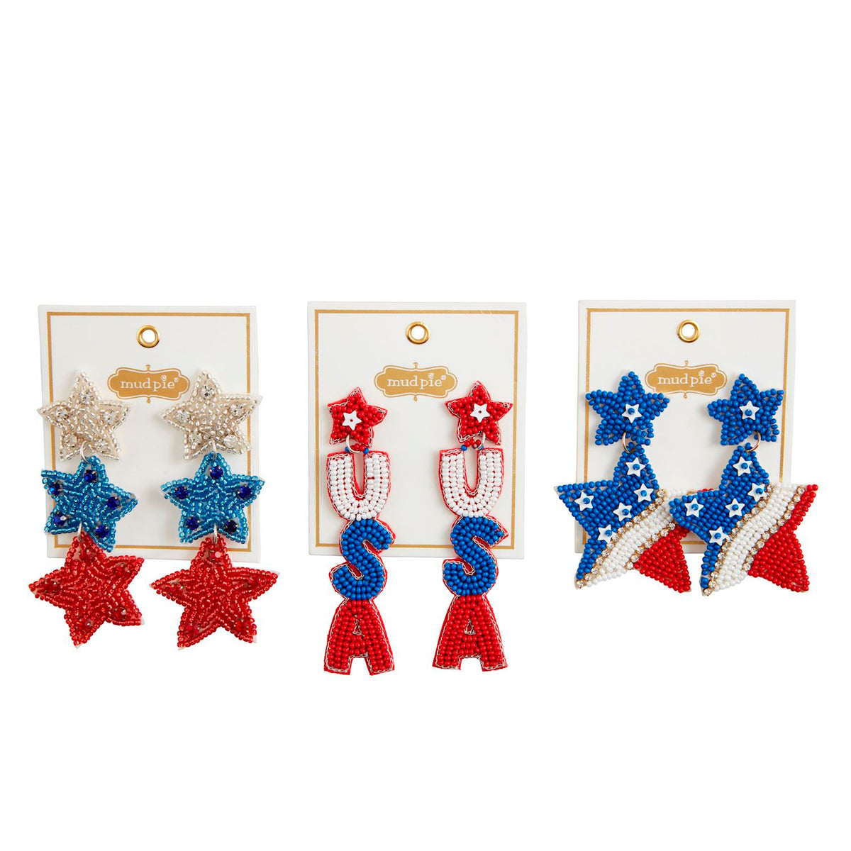 Figural beaded earrings with intricate hand beadwork in red, white, and blue on hypoallergenic posts.