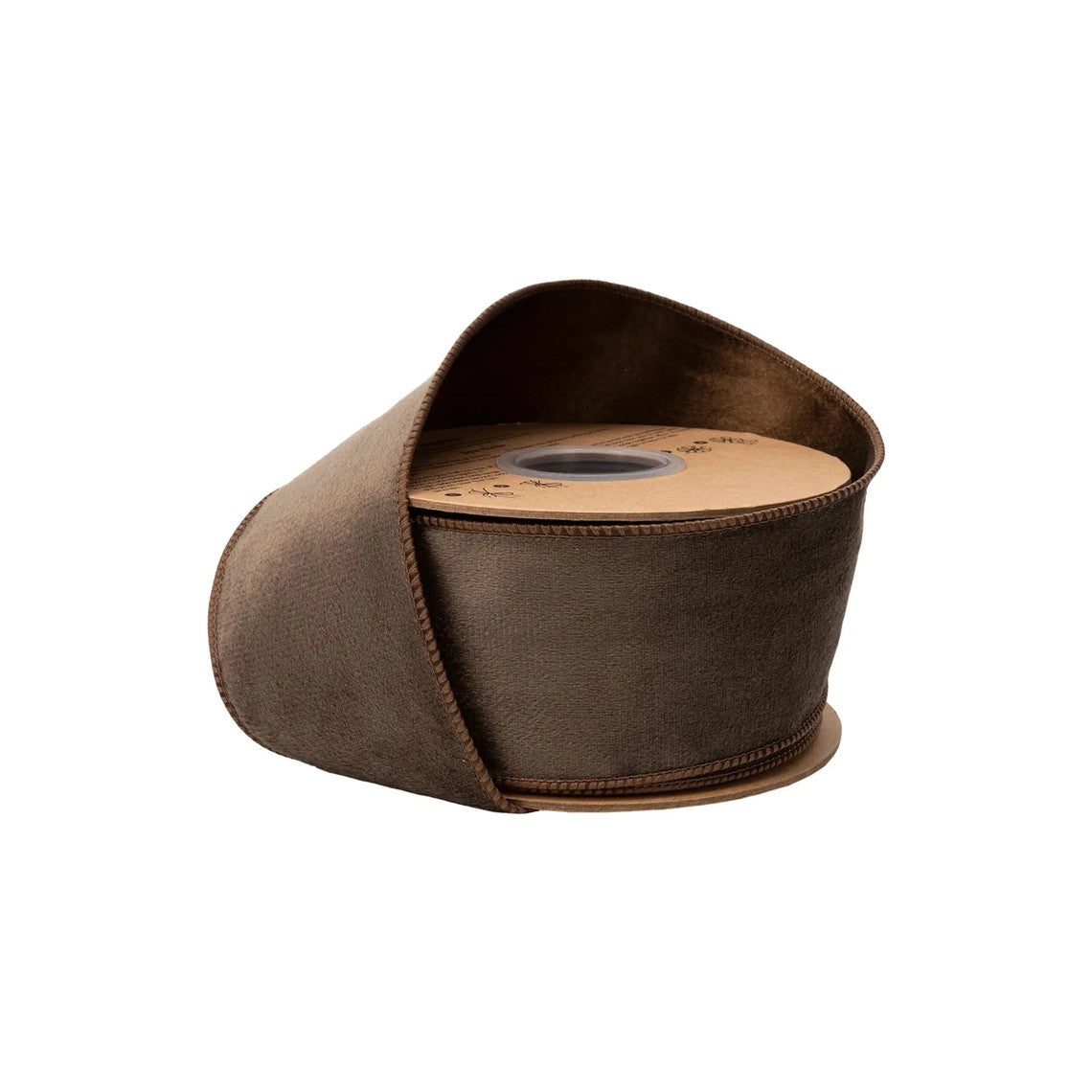 2 1/2 inch brown reversible velvet wired ribbon on a spool with brown shimmer backing.