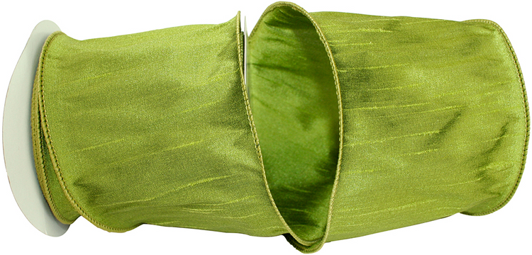 4 inch wide lime green Dupioni Supreme wired edge ribbon with a textured, slubbed finish.