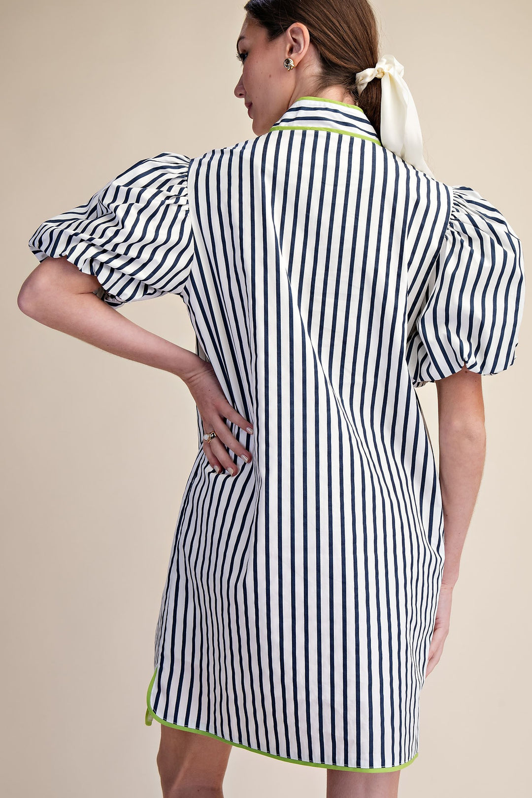 Aliyah Collar Neck Puff Sleeve Stripe Mini Dress