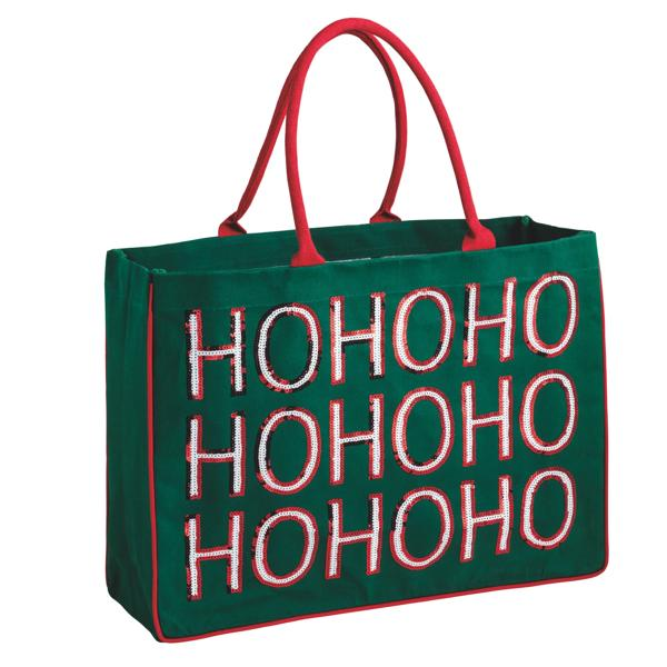 Green canvas tote bag with red handles and 'HOHOHO' in white and red sequins on the front.