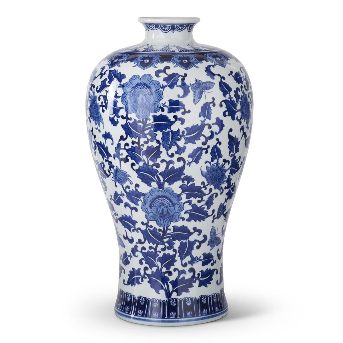24.25 inch blue and white chinoiserie ceramic vase with floral and butterfly patterns.
