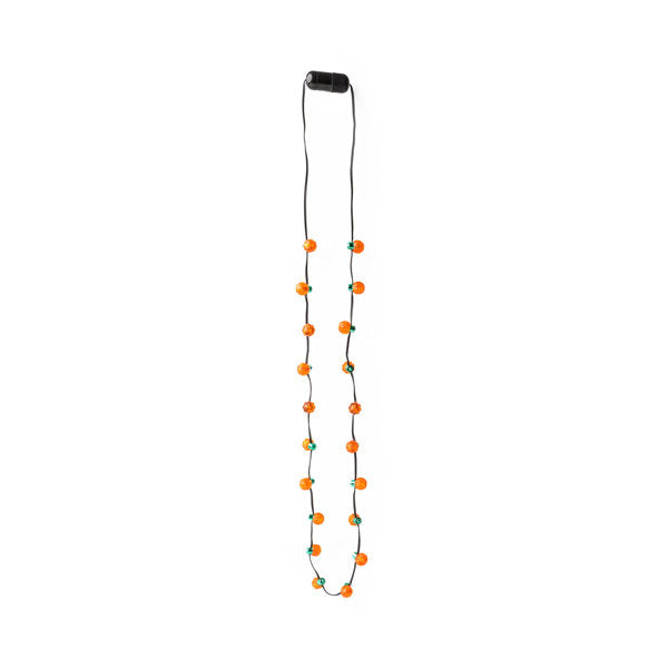 Lotsa Light-Up Pumpkin Necklace with 20 orange pumpkin bulbs on a black cord.