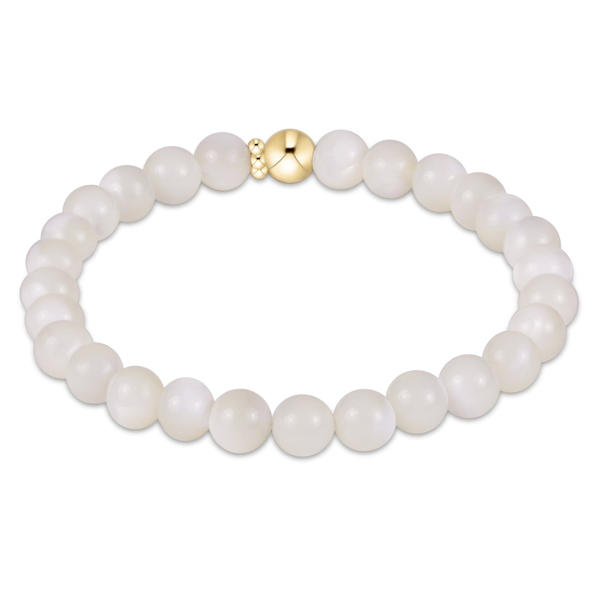 Classic 6mm white mother of pearl gemstone bead bracelet with a single gold accent bead.