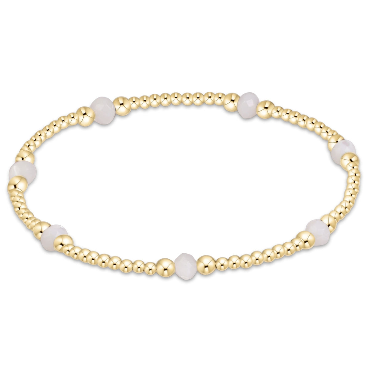 Purpose Gemstone 4mm Bracelet featuring gold beads and light pink gemstone accents.