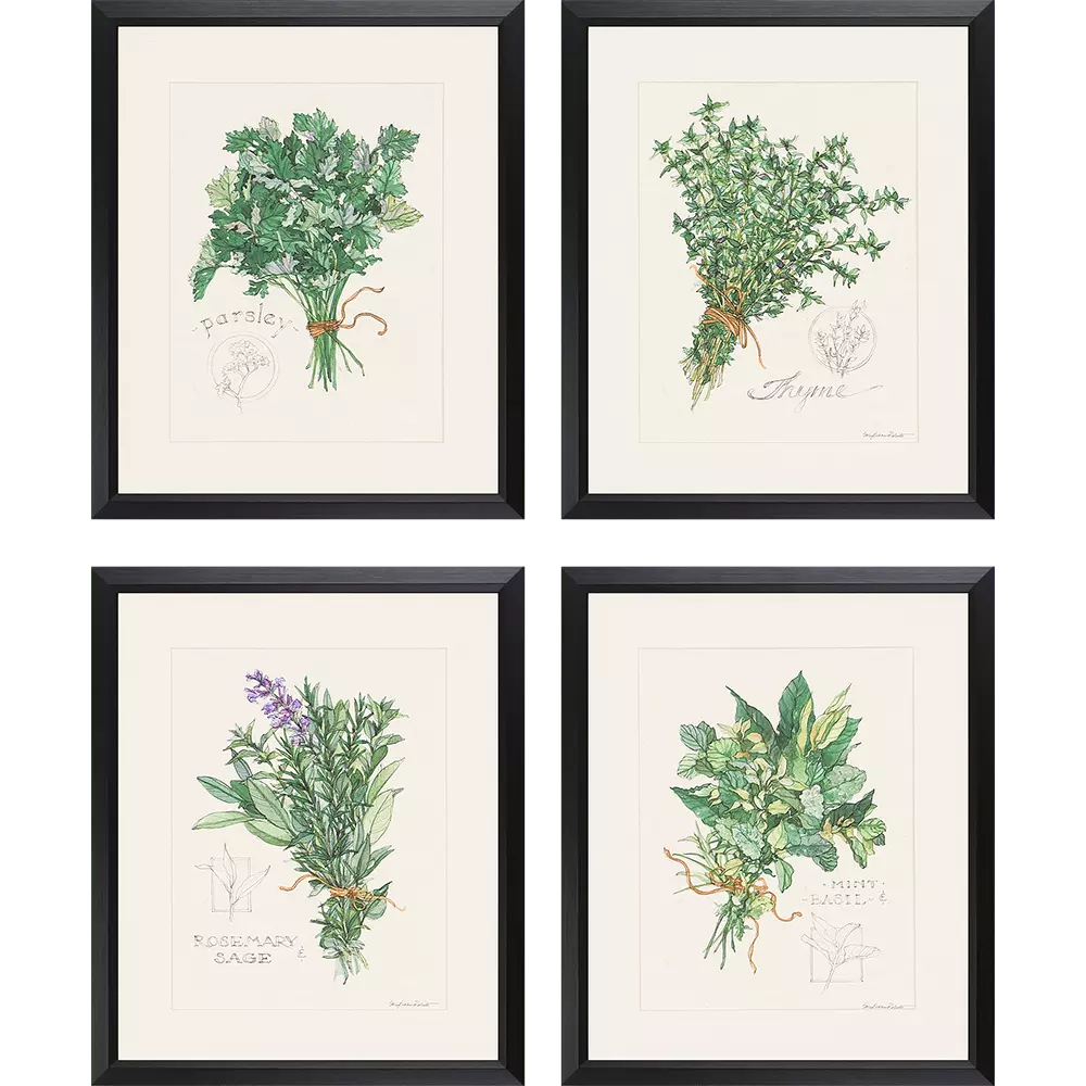Antique gold ribbed frame matting natural herbs botanical print wall art