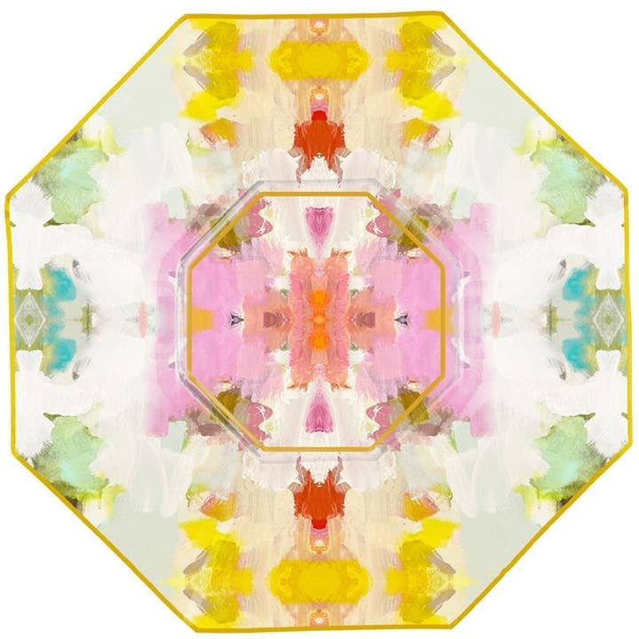 Hand-poured octagonal glass plate with hand-cut artwork decoupaged on surface and gold-handpainted edges.