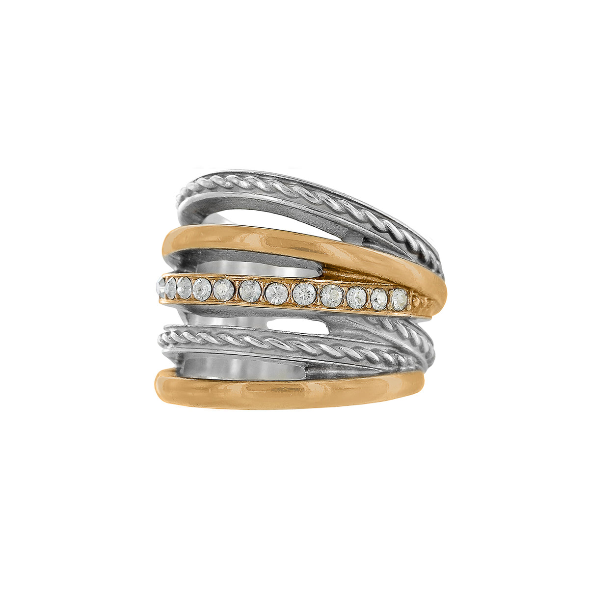 Neptune's Rings multi-band ring in silver and gold plating with fine quality crystal accents.