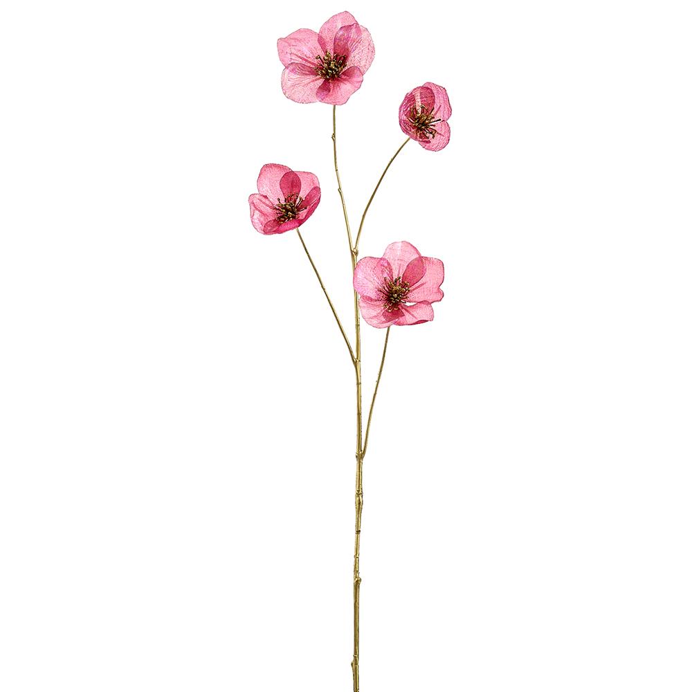 34-inch fuchsia iridescent helleborus spray with four shimmering fabric flowers on a gold stem.