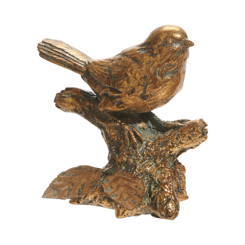 Antique gold resin bird perched on a branch with naturalistic detailing.