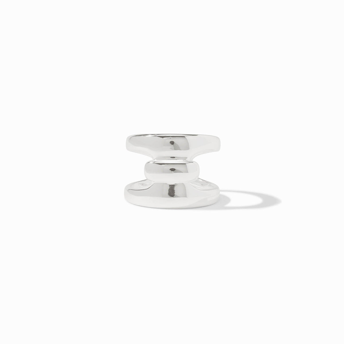Polished silver Laguna Ring with a wide, sculptural tiered design on a white background.
