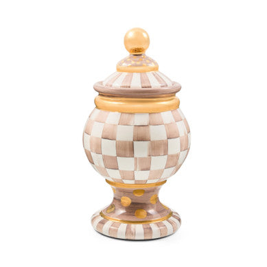 Handmade mocha ceramic globe canister with gold lustre embellishments