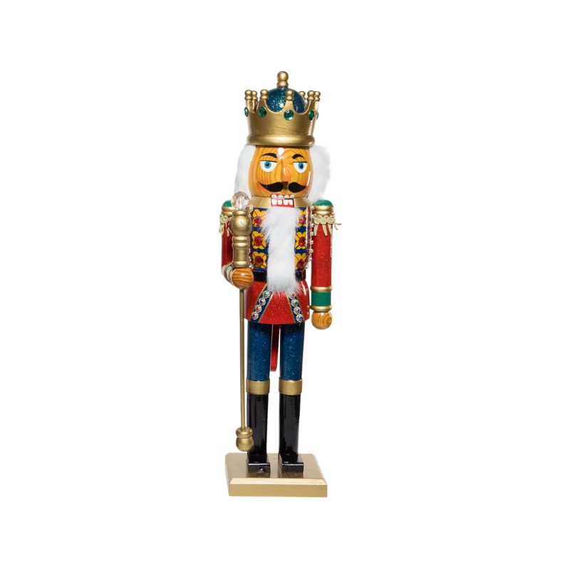20-inch wooden king nutcracker with a gold crown, red jacket, blue pants, and a scepter.