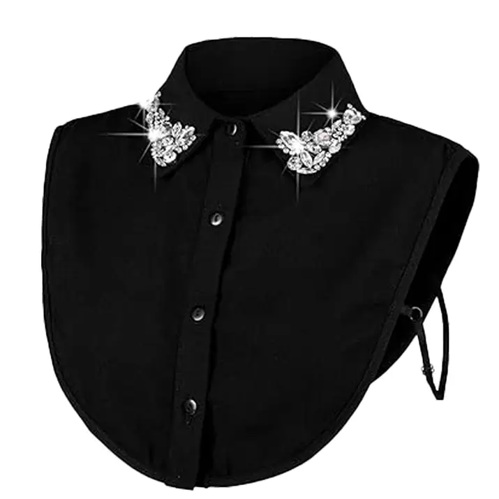 Black detachable shirt collar with sparkling diamond-studded embellishments on the collar tips.