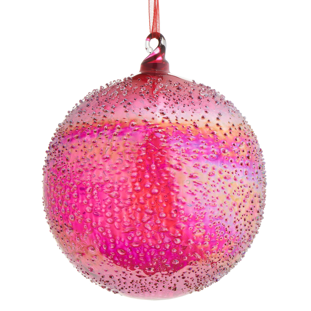 5-inch iridescent raspberry pink glass ball ornament with a textured, beaded surface.