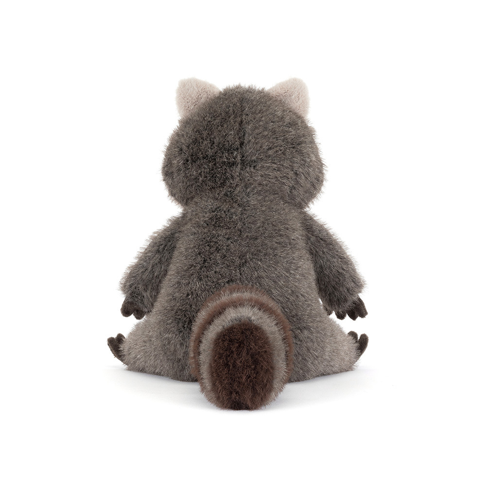 Back view of Trixiwoo Raccoon, a grey plush toy with a bushy striped tail and cream-colored ears.