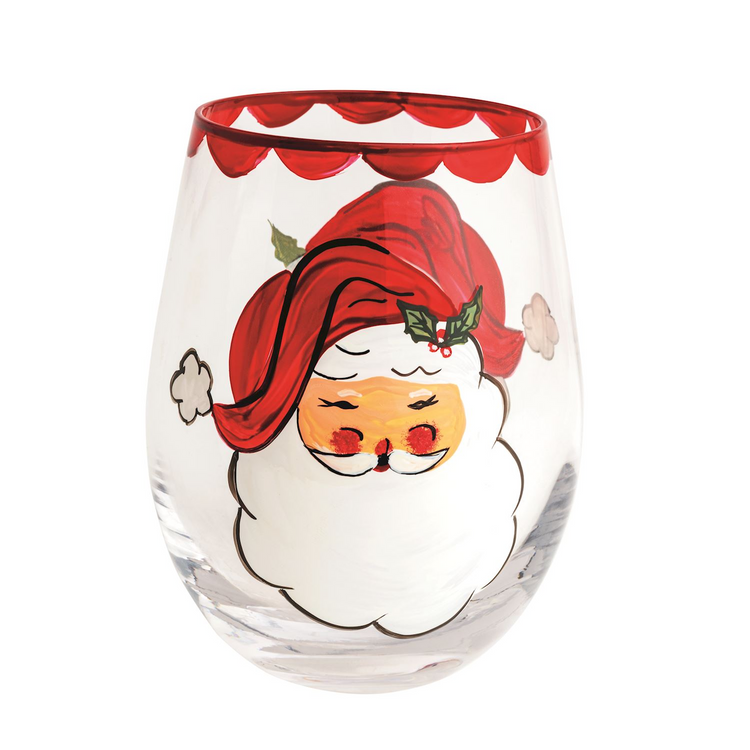 Stemless wine glass with a hand-painted Santa Claus face and a red scalloped rim.