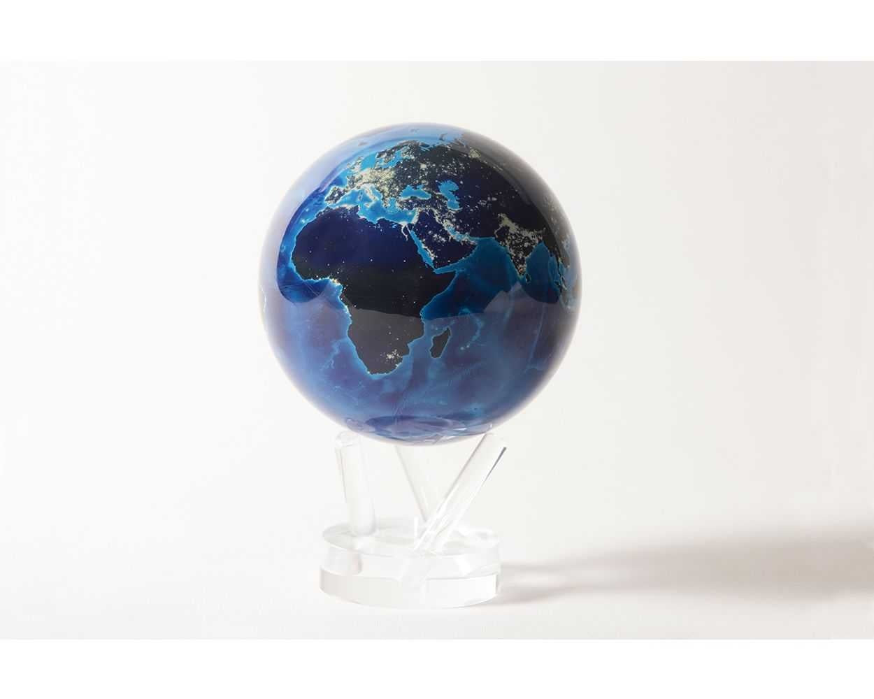 6-inch Earth at Night globe showing dark continents with glowing city lights over blue oceans.