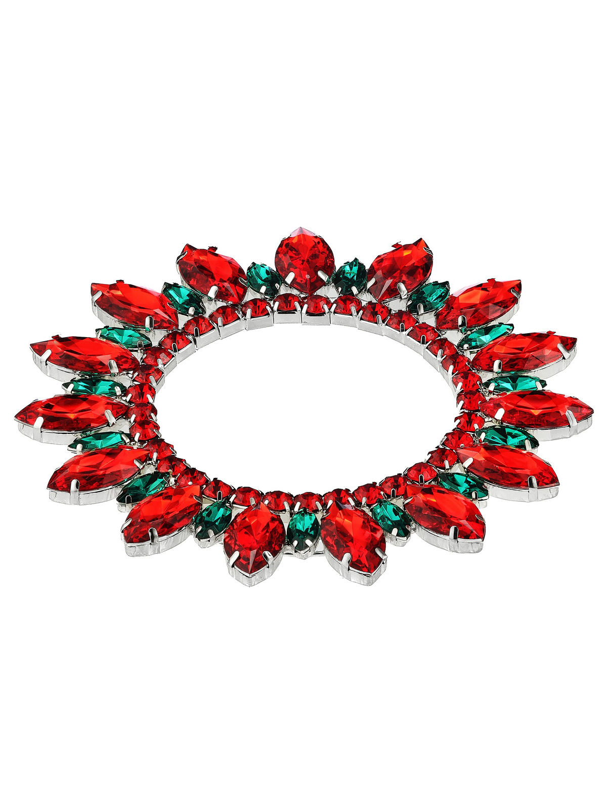 6.5-inch candle ring with red and green marquise-cut faux jewels and a 3.5-inch inner diameter.