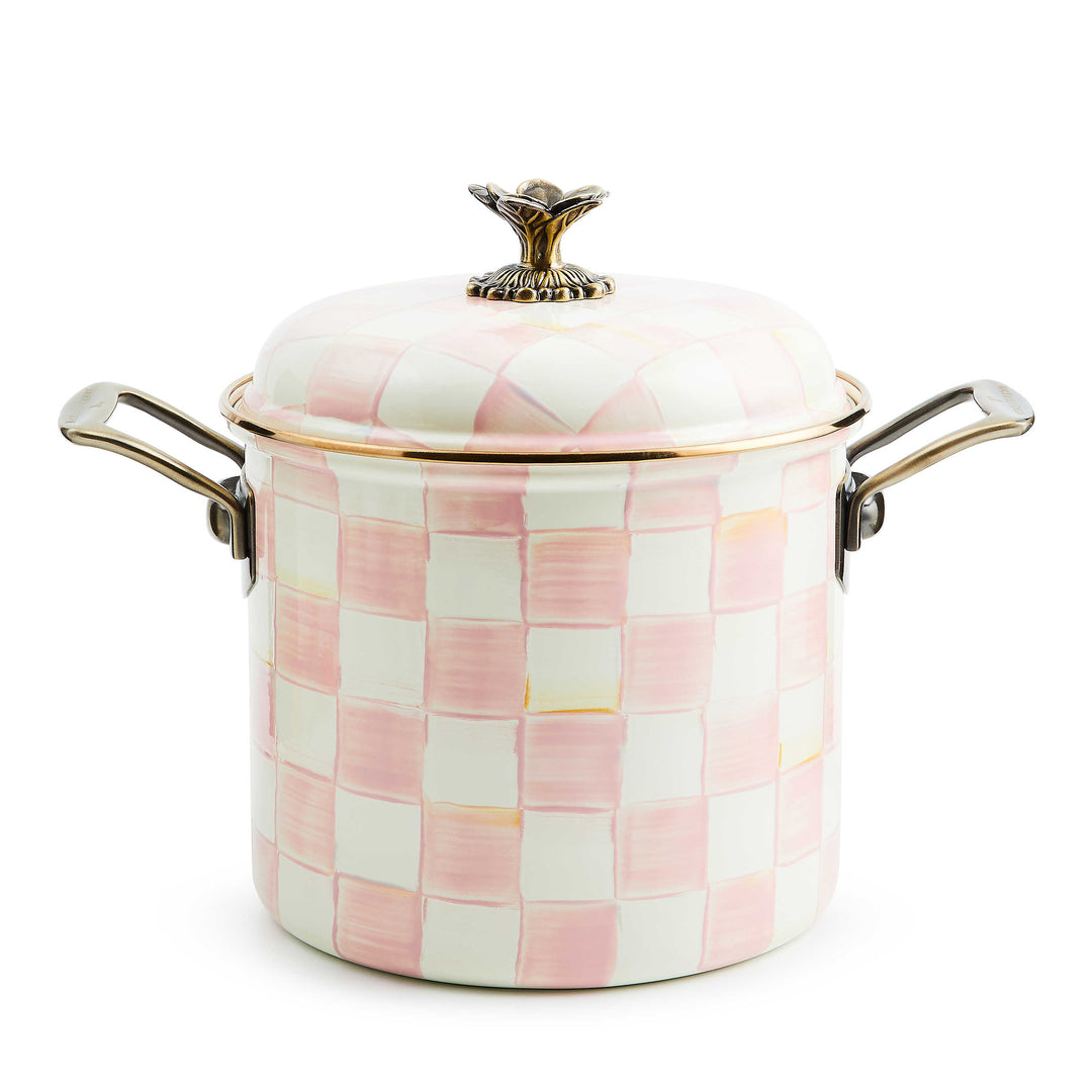 Rosy Check 7 Qt. Stockpot with hand-painted pink and white checks and antique brass finish knob.