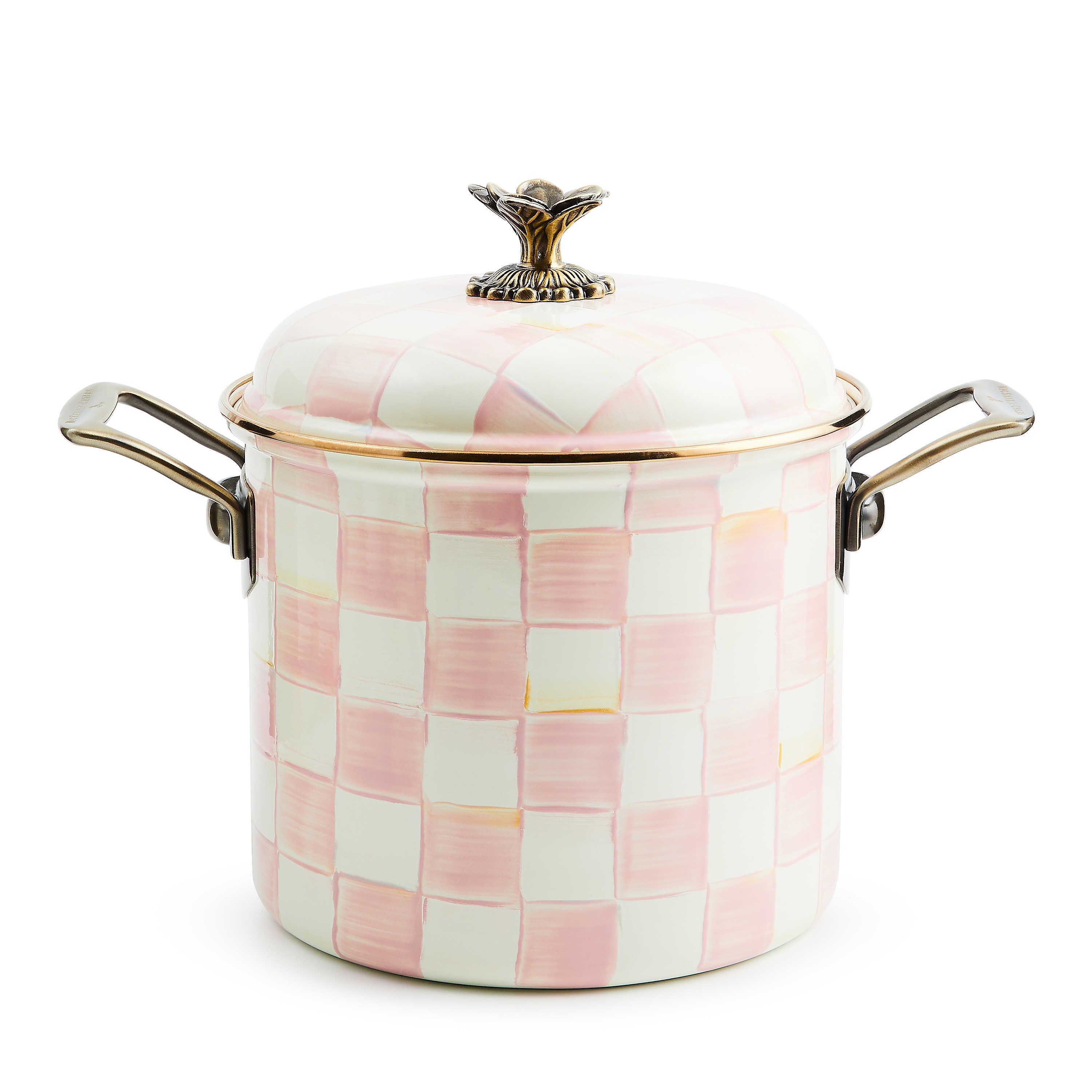 Rosy Check 7 Qt. Stockpot with hand-painted pink and white checks and antique brass finish knob.