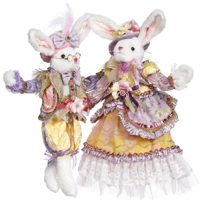 Wooden Mr and Mrs Cottontail rabbit figurine with white cotton-tail ears.