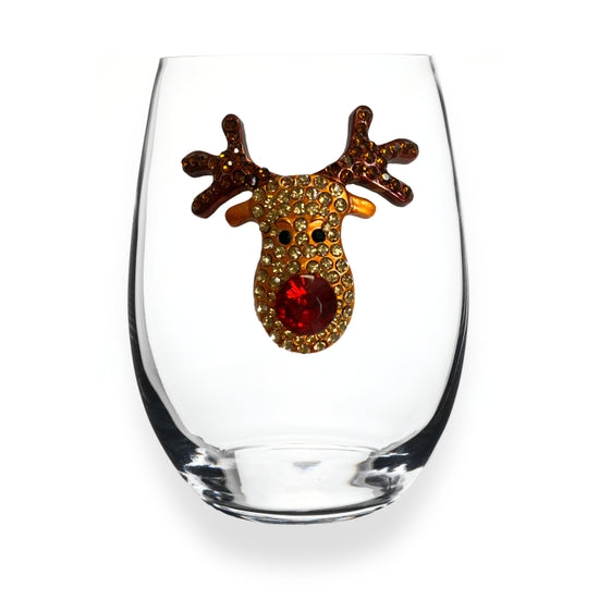 Clear stemless wine glass with jeweled embellishments around the rim