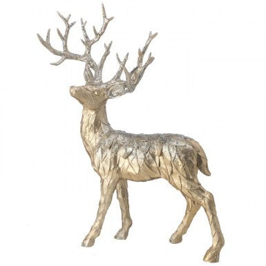 22-inch standing resin deer figurine with champagne leaf texture and glitter accents.