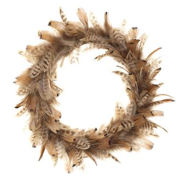 12-inch small wreath made of two-tone brown chicken feathers arranged in a circular pattern.