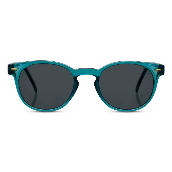 Boho Reading Sun sunglasses with polycarbonate frames in teal smoke lenses featuring spring hinges and UV400 protection.