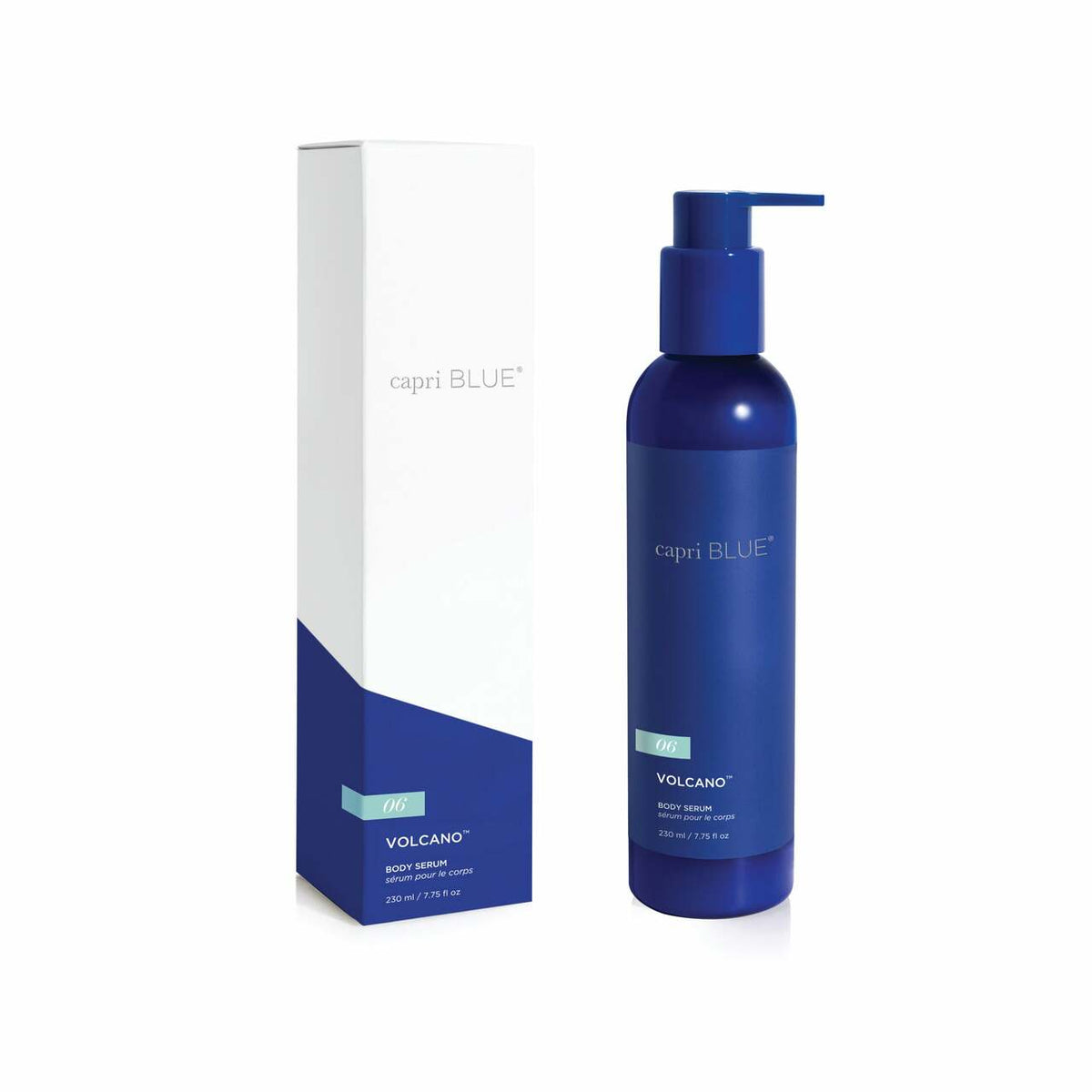 Capri Blue Volcano Body Serum in a 7.75 oz blue pump bottle next to its white and blue box.