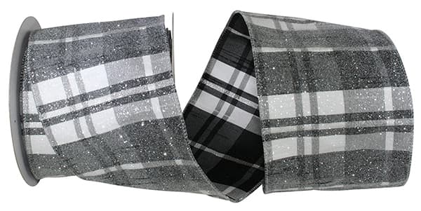 4 inch wide black and white frosted grand plaid wired edge ribbon with silver glitter accents.