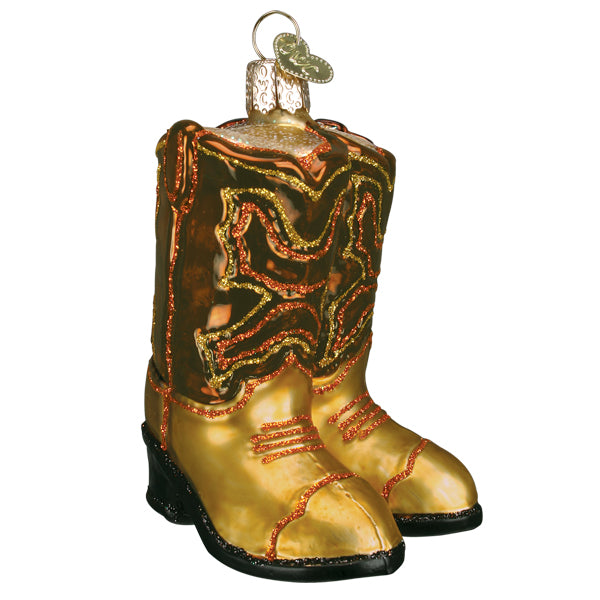 Brown leather cowboy boot ornament with a classic western silhouette.